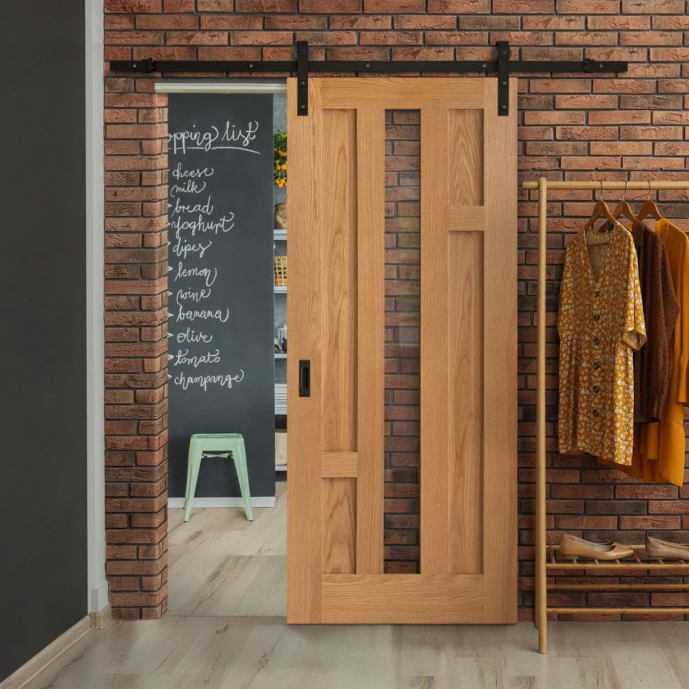 Oak Internal Fully Finished Stamford 4 Panel 1 Light Clear Glass Sliding Door - Black Face Mounted
