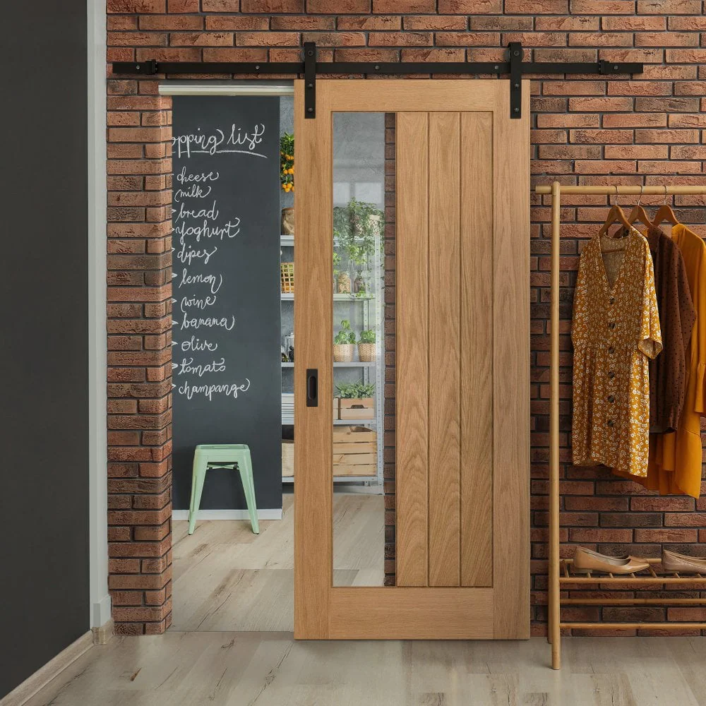 Oak Internal Unfinished Farley 1 Light Clear Offset Glass Sliding Door - Black Face Mounted