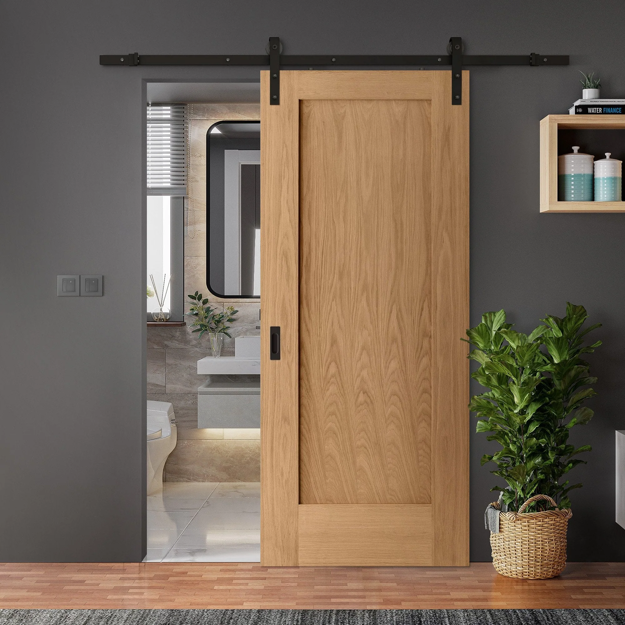 Oak Internal Unfinished Pattern 10 1 Panel Sliding Door - Black Face Mounted