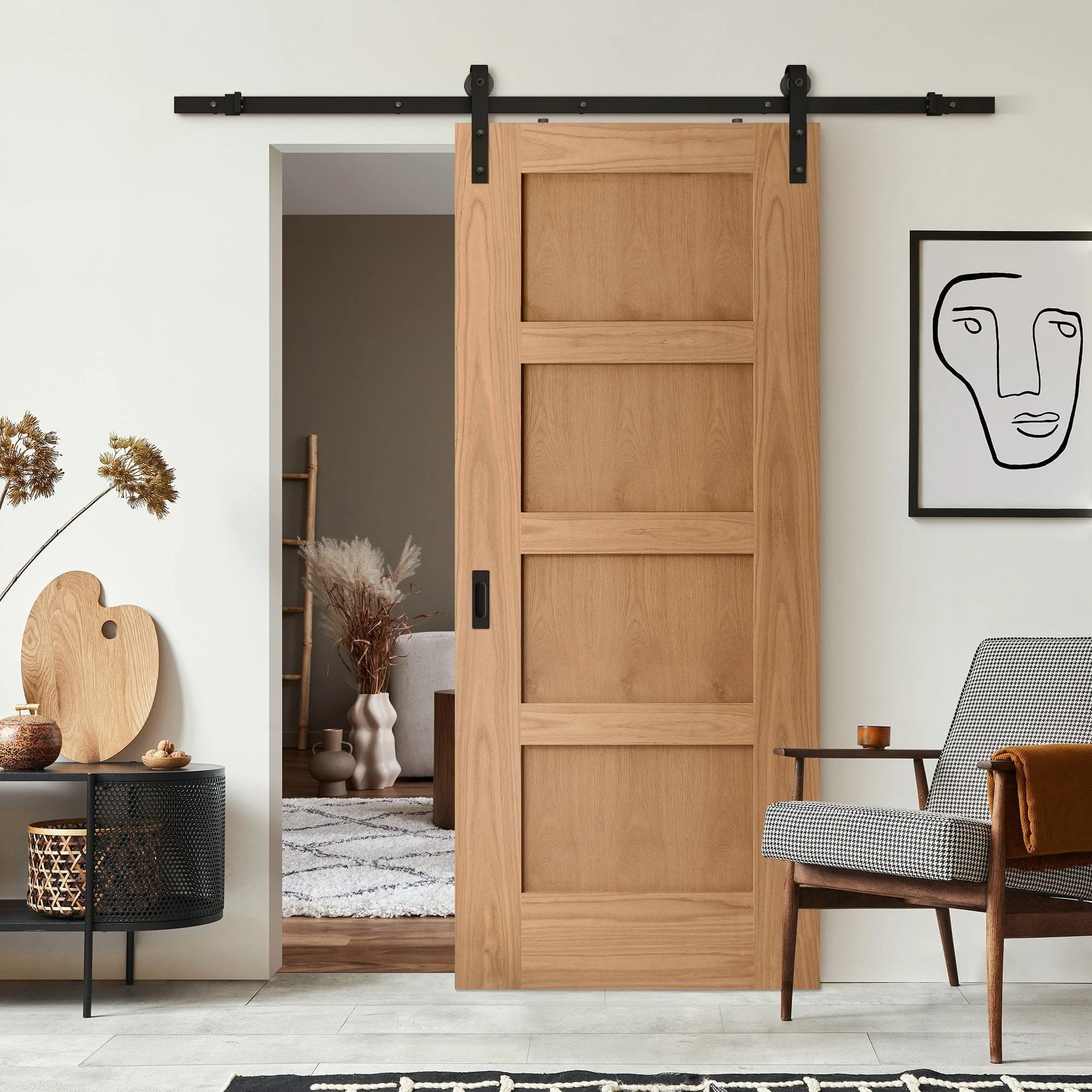 Oak Internal Unfinished Shaker 4 Panel Sliding Door - Black Face Mounted