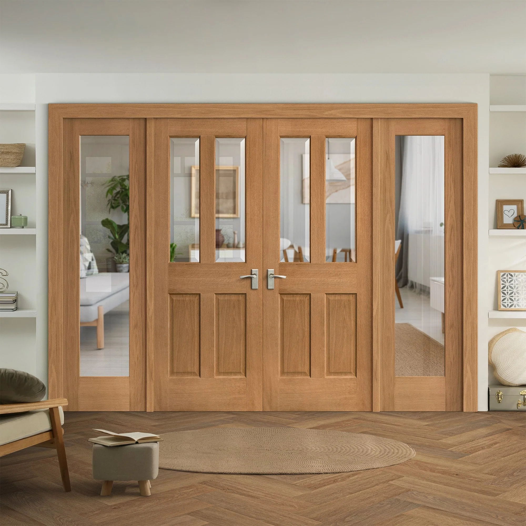 Oak Unfinished Internal Victorian 2P 2L Clear Bevelled Glass Sidelight Room Divider Set