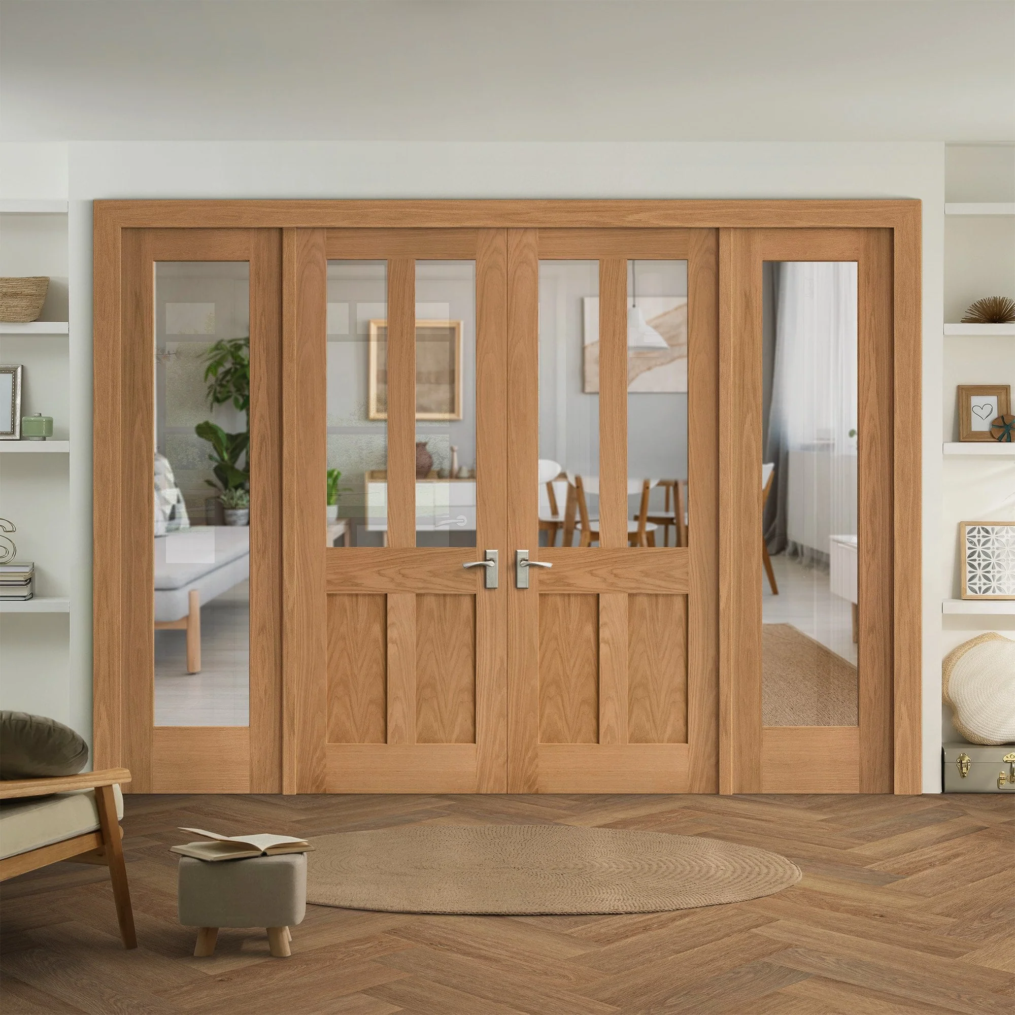 Oak Unfinished Internal Victorian Shaker 2P 2L Clear Glass Sidelight Room Divider Set