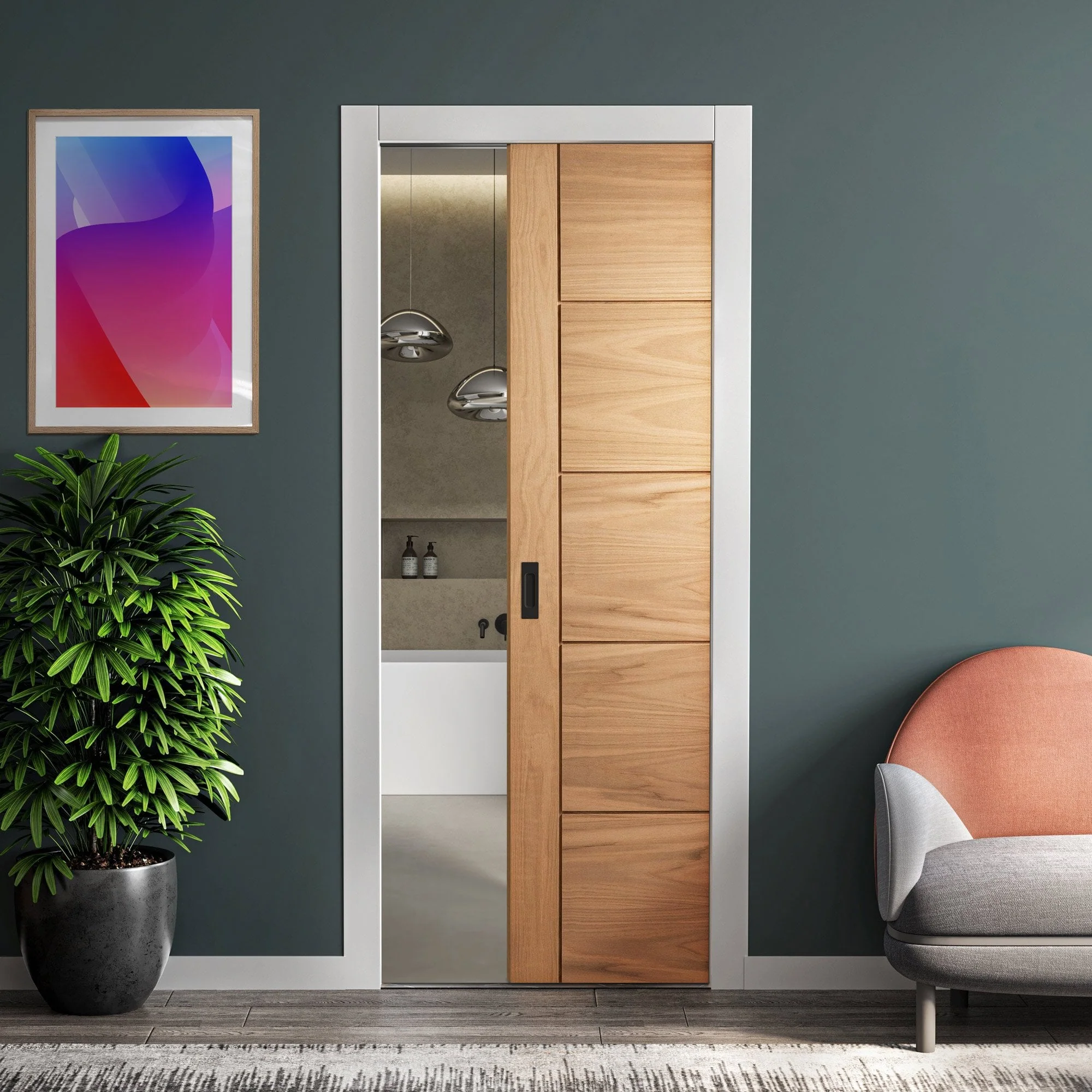 Oak Unfinished Parma 5 Panel Framed 100mm Pocket Door Set (123211)