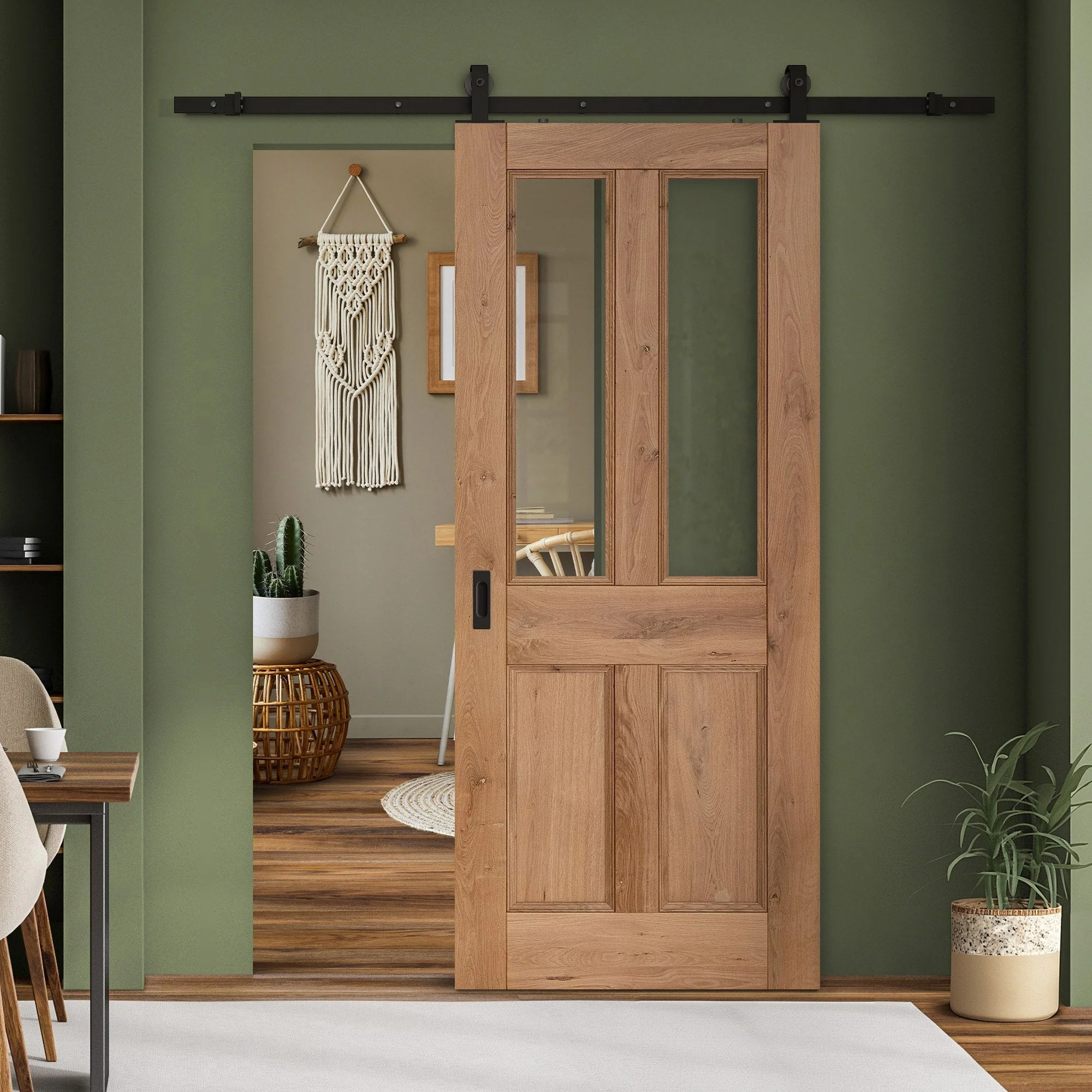Rustic Oak Fully Finished Internal Malton 4 Panel Clear Glazed Sliding Door - Black Top Mounted