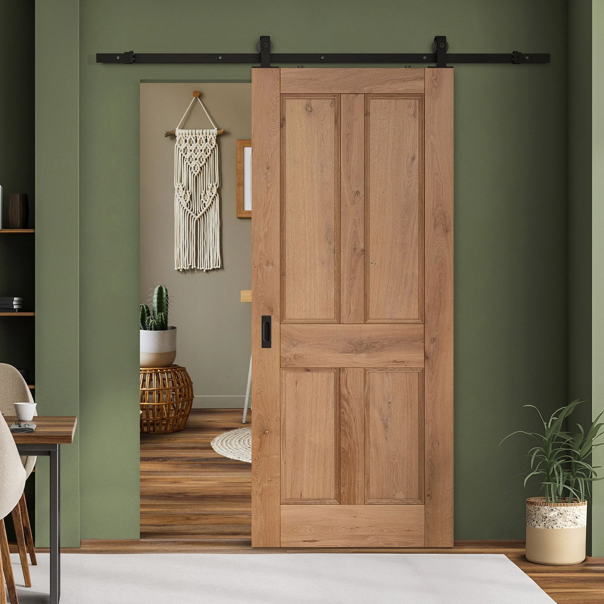 Rustic Oak Fully Finished Internal Victorian 4 Panel Sliding Door - Black Top Mounted