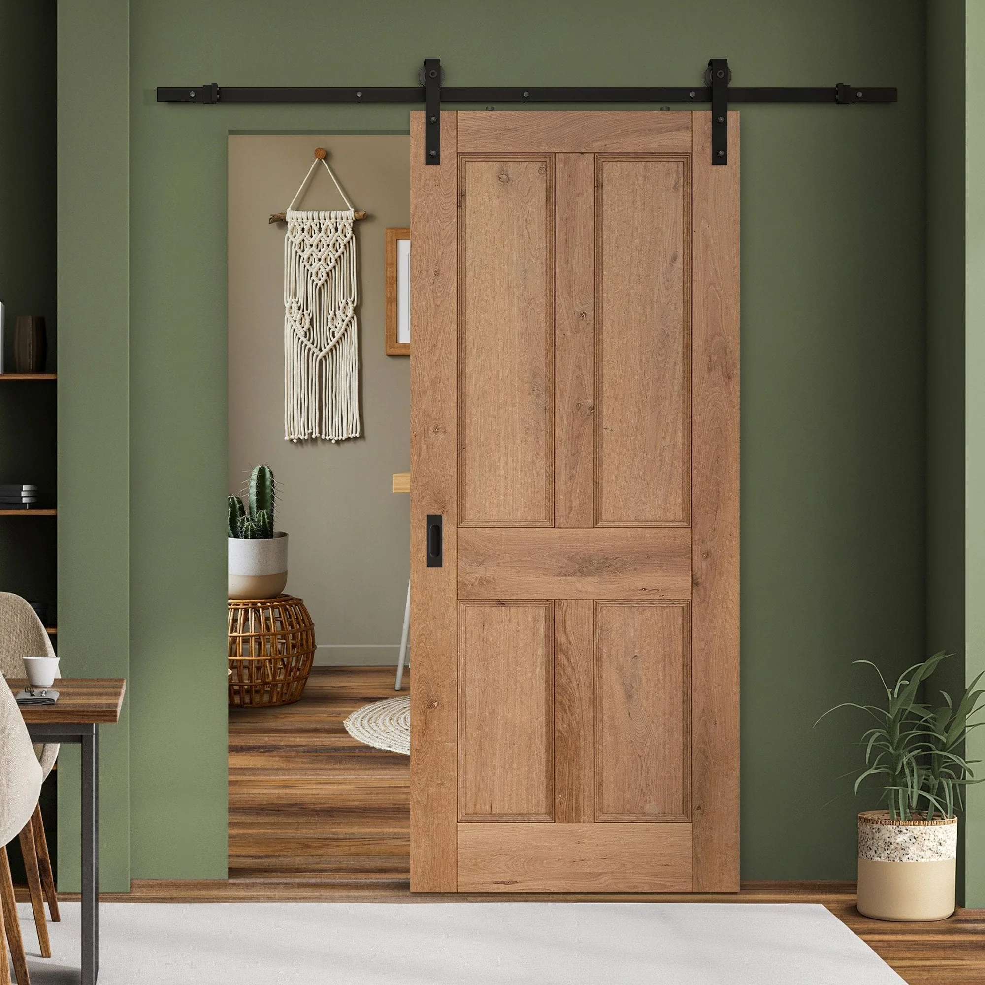 Rustic Oak Internal Fully Finished Victorian 4 Panel Sliding Door - Black Face Mounted - Image 2