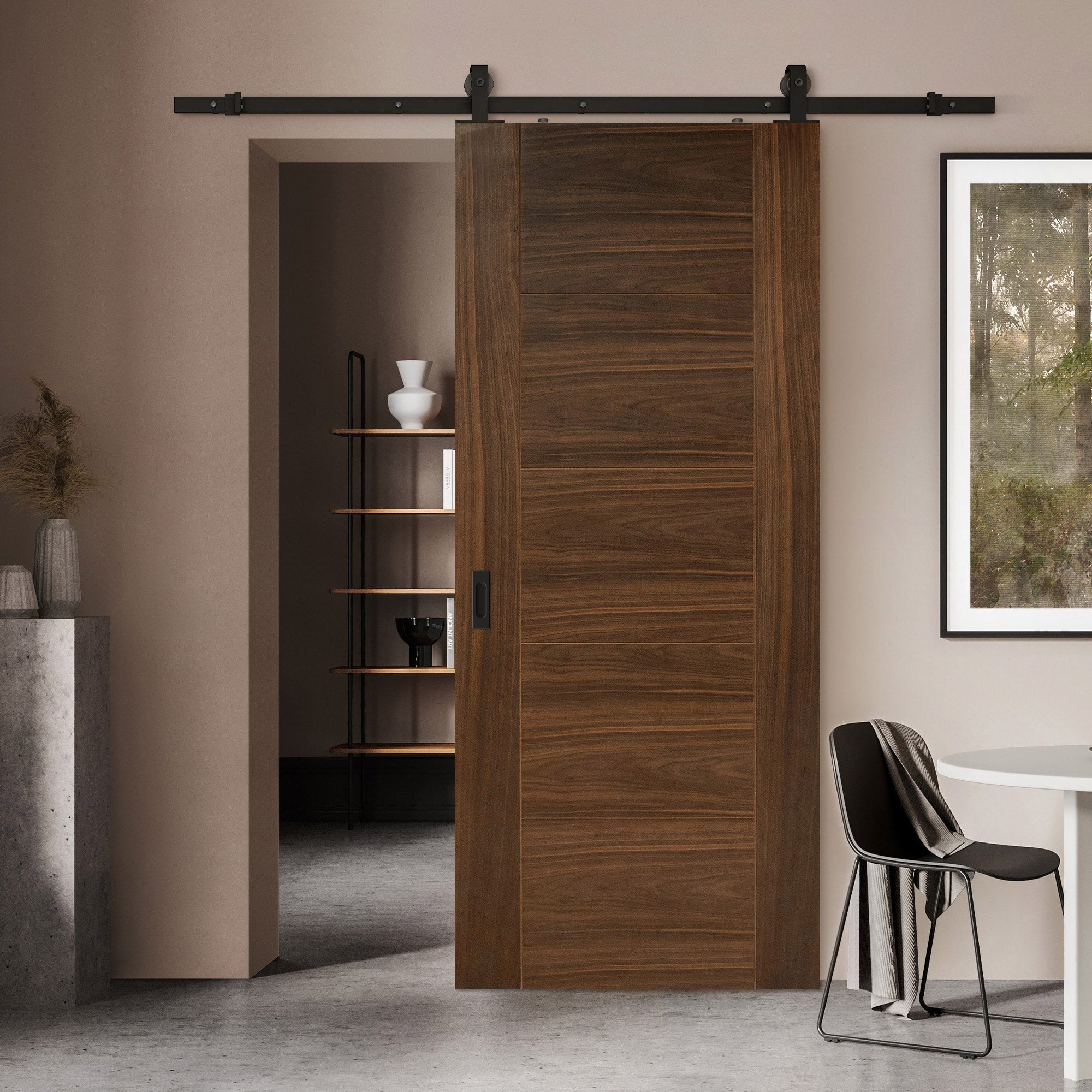 Walnut Internal Fully Finished Milano Sliding Door - Black Top Mounted