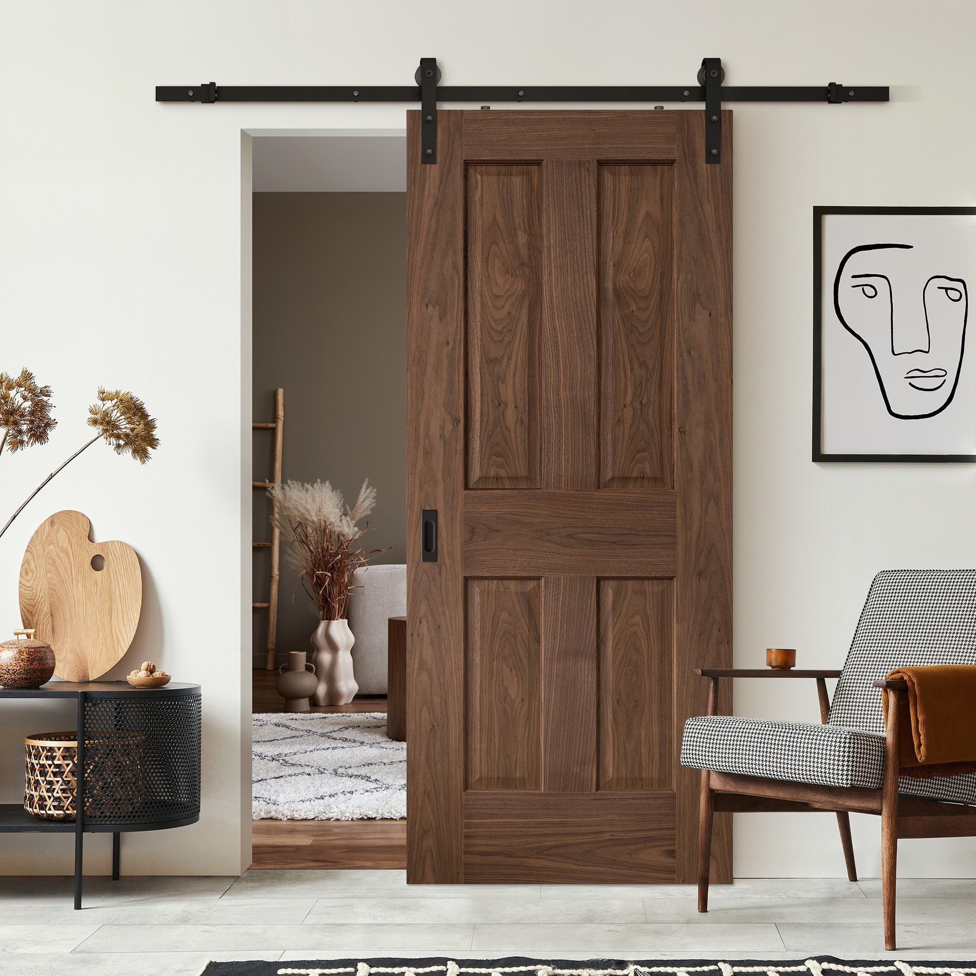 Walnut Internal Fully Finished Victorian 4 Panel Sliding Door - Black Face Mounted