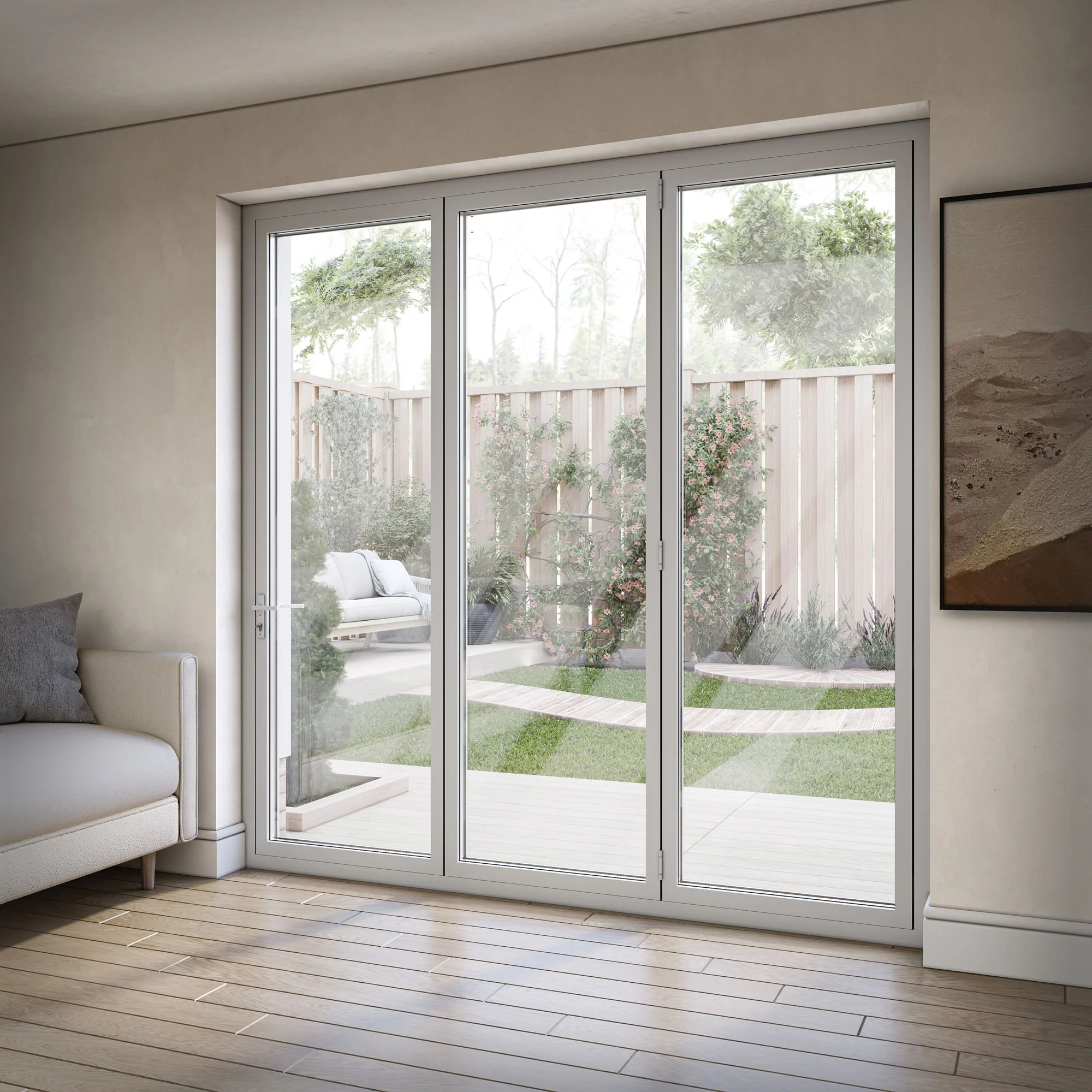 White Aluminium External 3+0 Clear Glass Folding Patio Door - Image 3