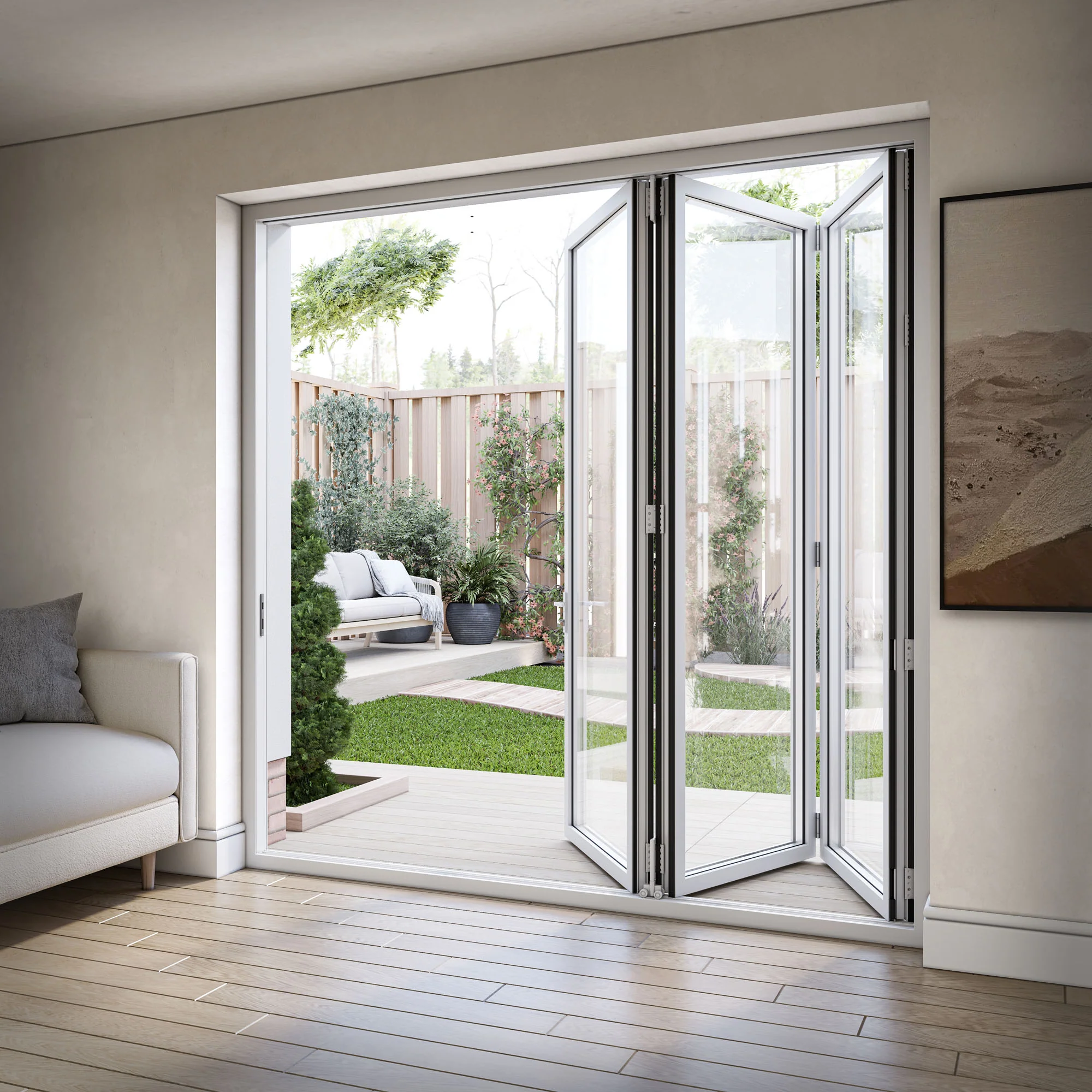 White Aluminium External 3+0 Clear Glass Folding Patio Door - Image 4