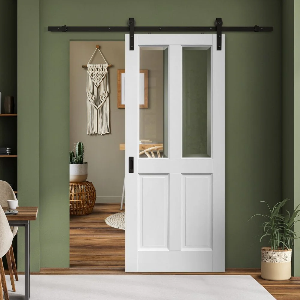 White Internal Primed Berkeley 4 Panel 2 Light with Clear Bevelled Glass Sliding Door - Black Face Mounted