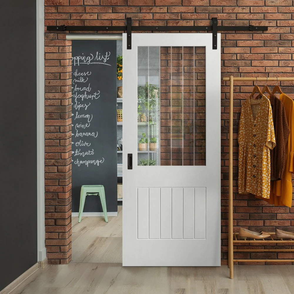 White Internal Primed Cottage 1 Light Etched Lined Clear Glass Sliding Door - Black Face Mounted