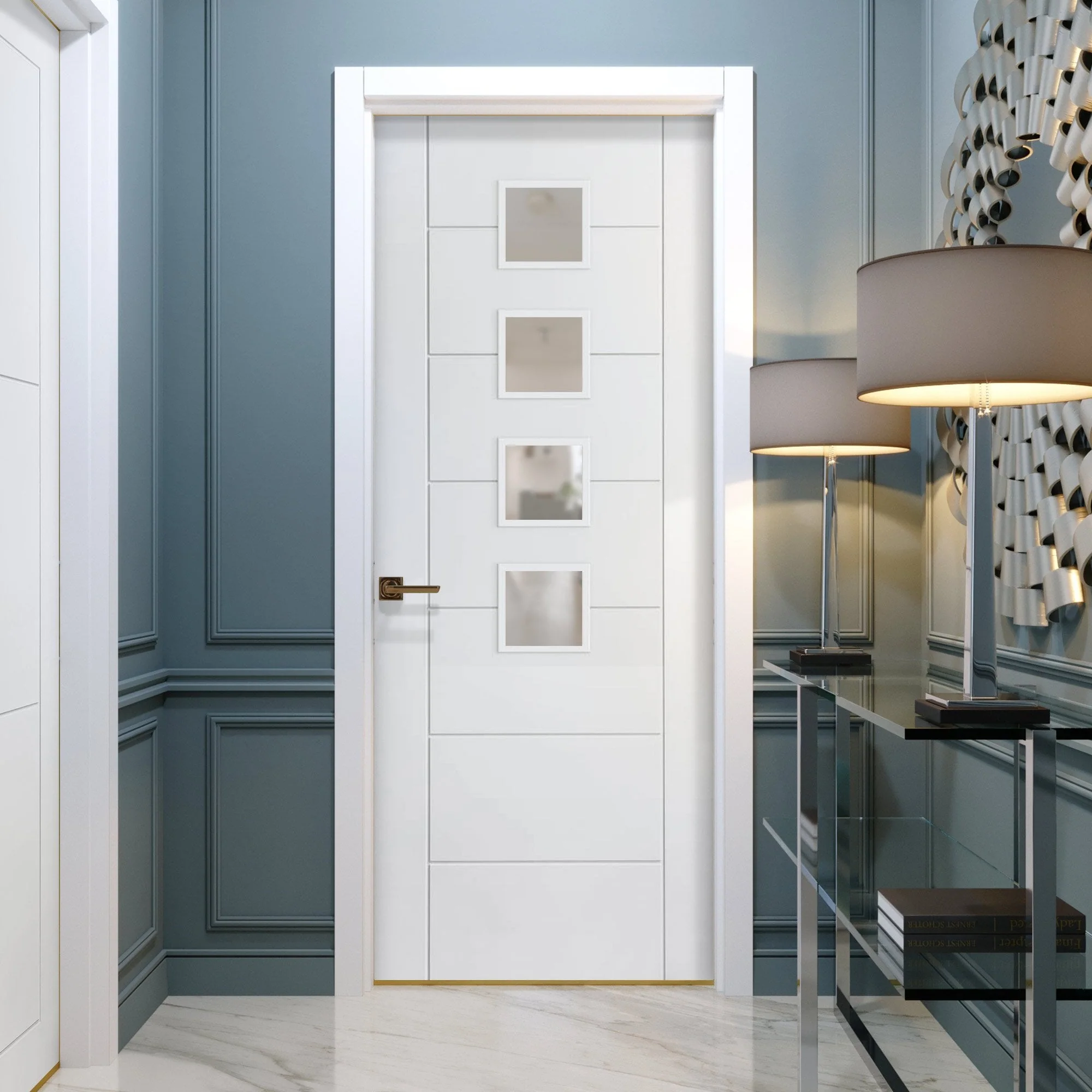 White Internal Primed Pedrena 7 Panel 4 Light Obscure Glass Made-to-Measure Door