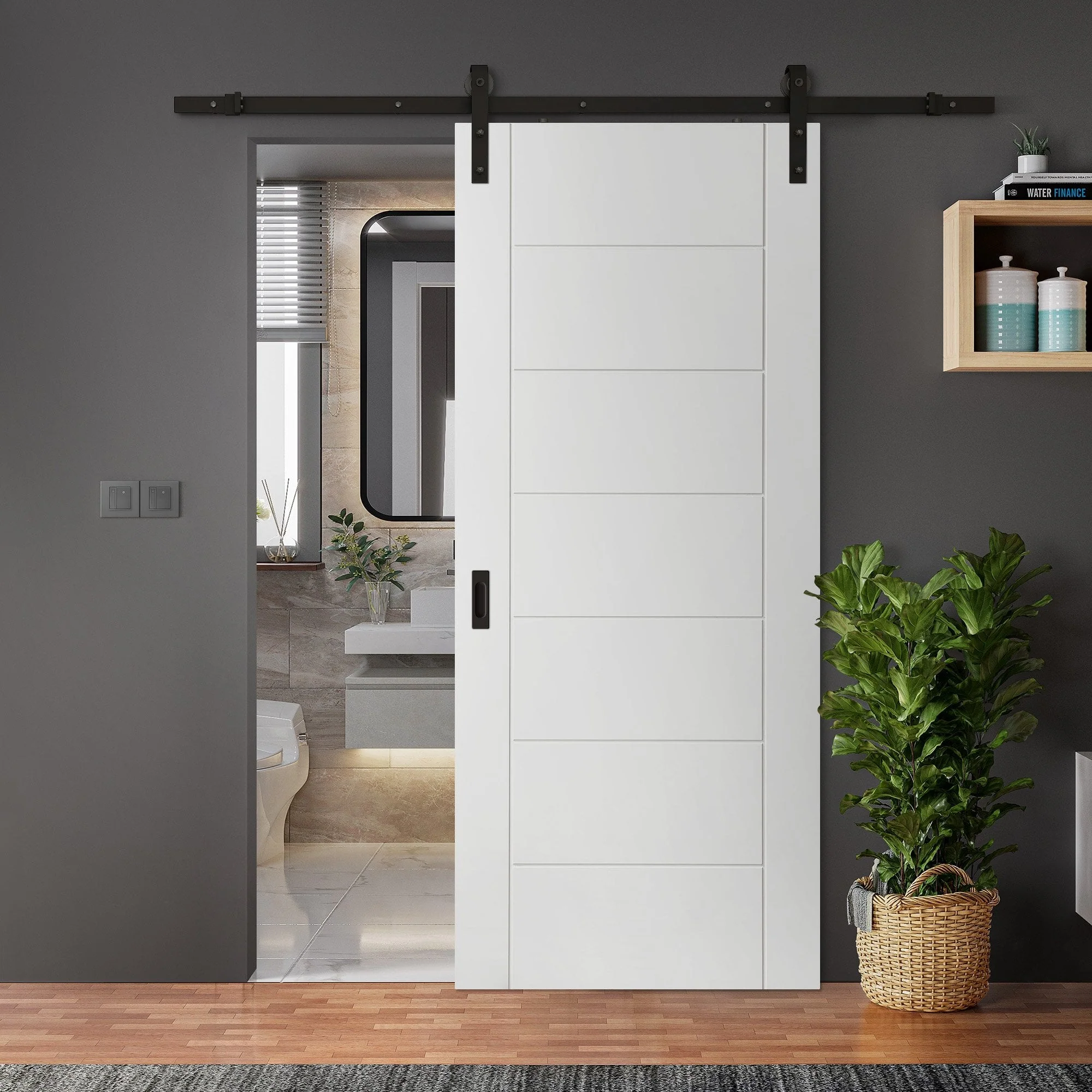 White Internal Primed Pedrena 7 Panel Sliding Door - Black Face Mounted