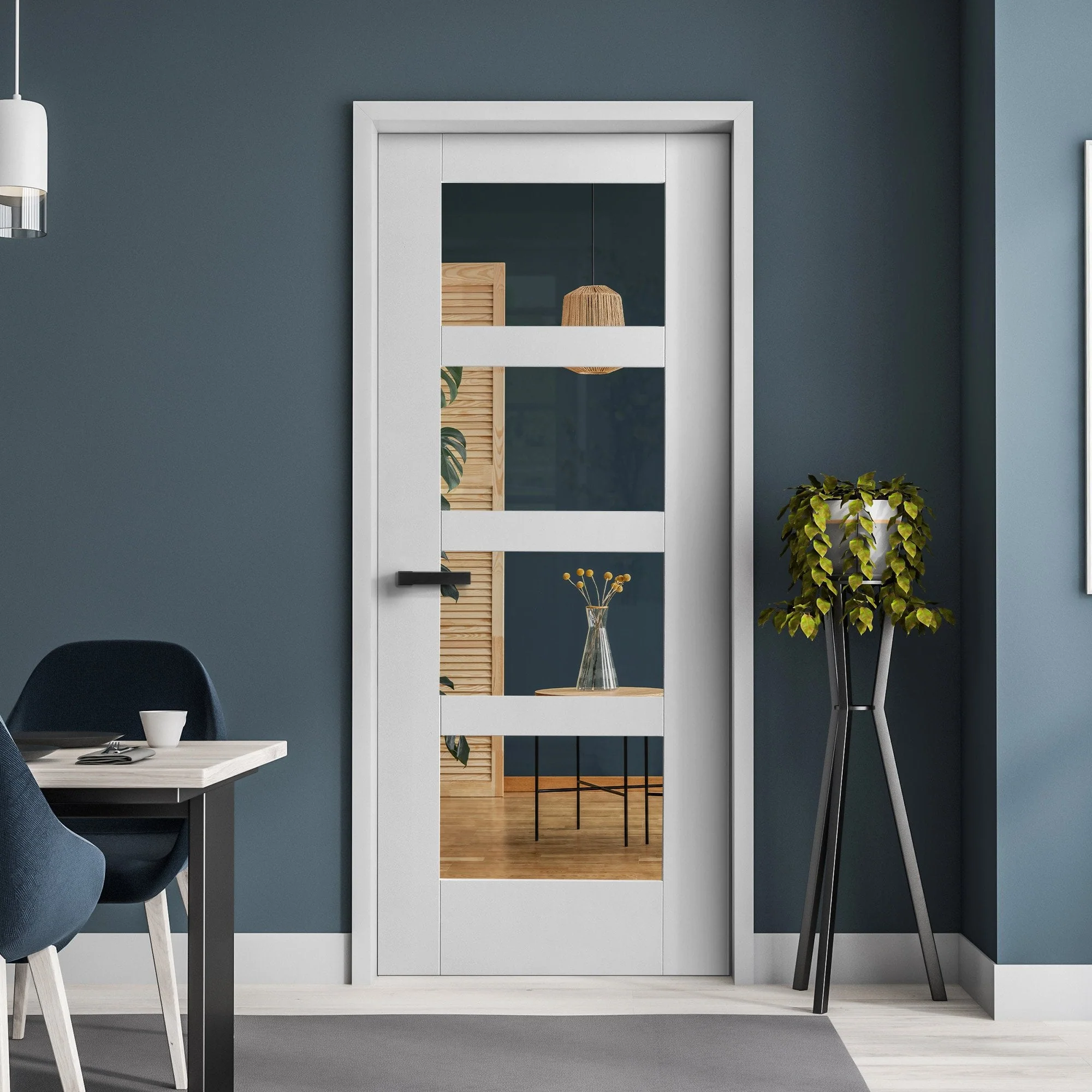 White Internal Primed Shaker 4 Light Clear Glass Door