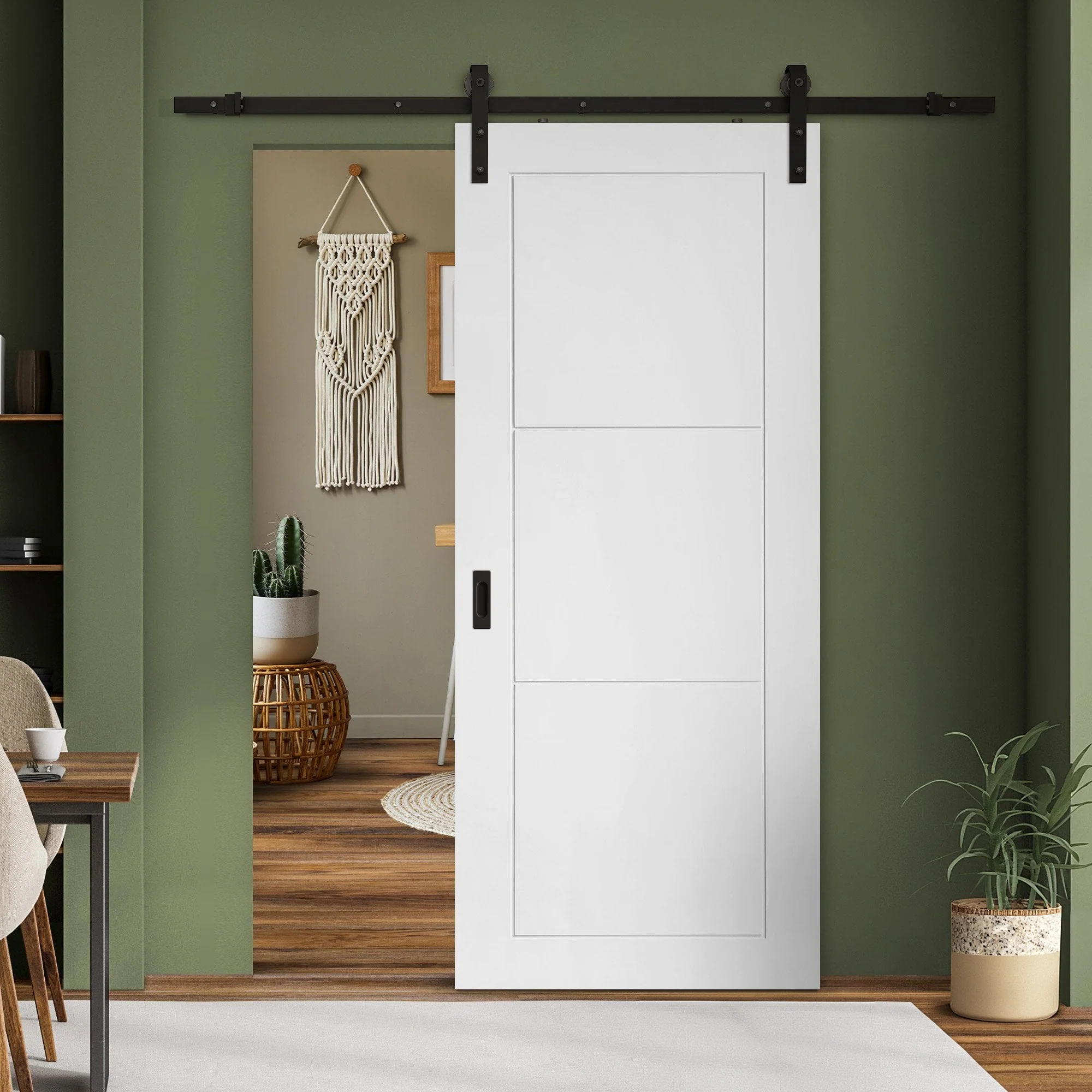 White Internal Primed Temple 3 Panel Sliding Door - Black Face Mounted