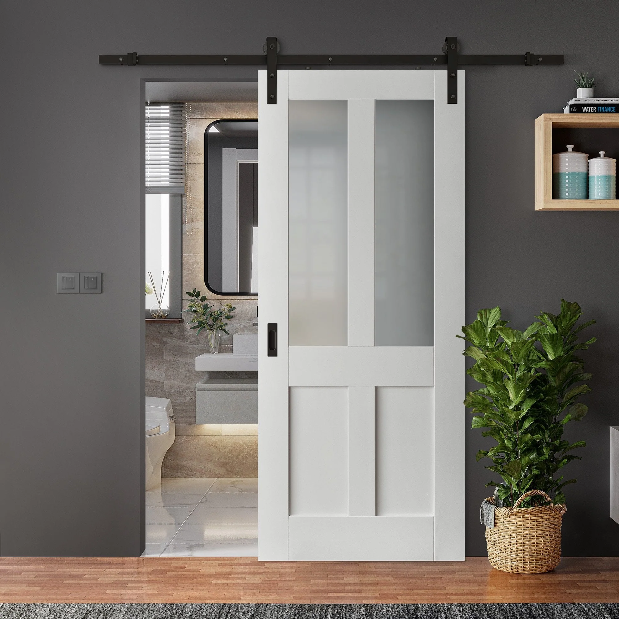 White Internal Primed Victorian 2 Panel 2 Light Obscure Glass Sliding Door - Black Face Mounted