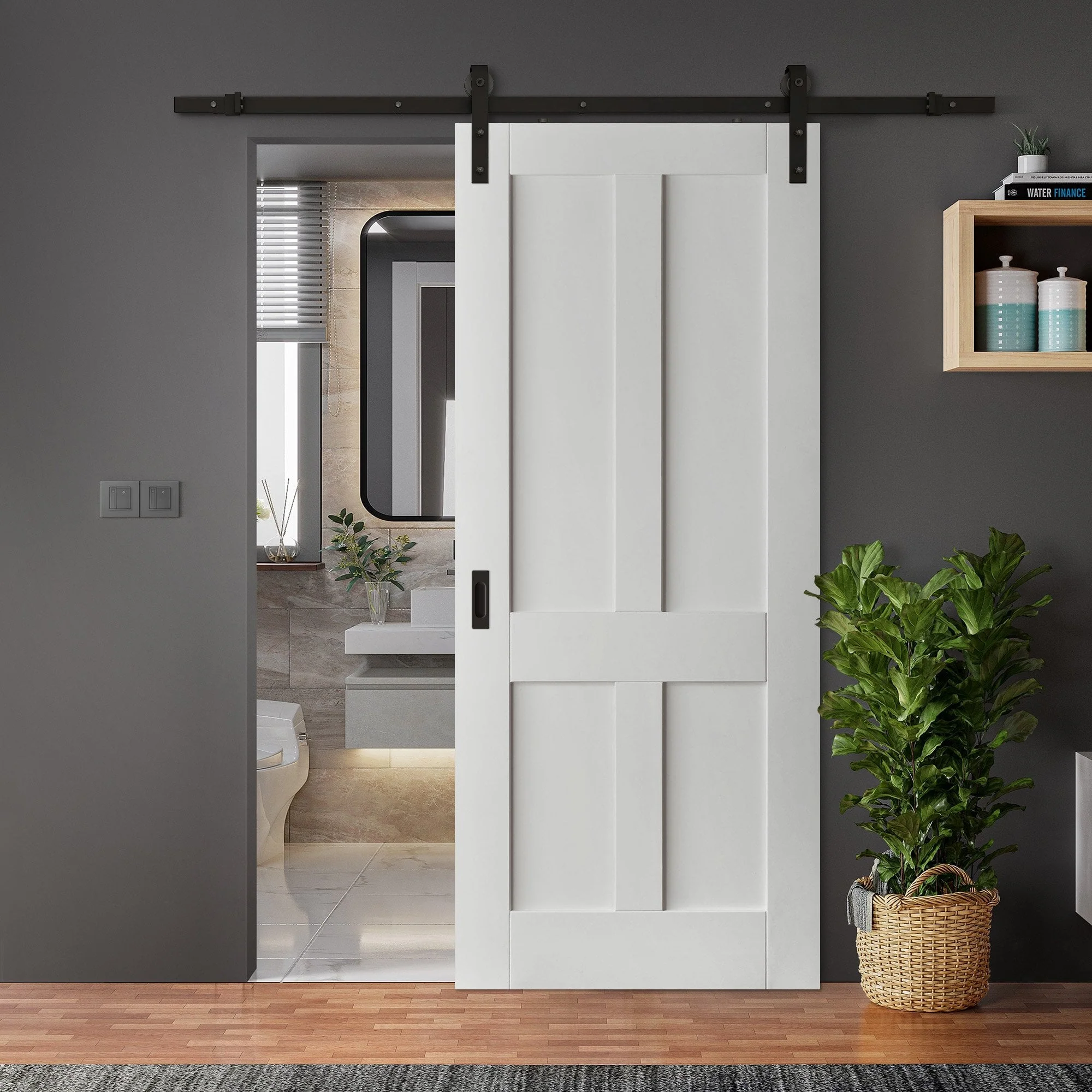 White Internal Primed Victorian Shaker 4 Panel Sliding Door - Black Face Mounted