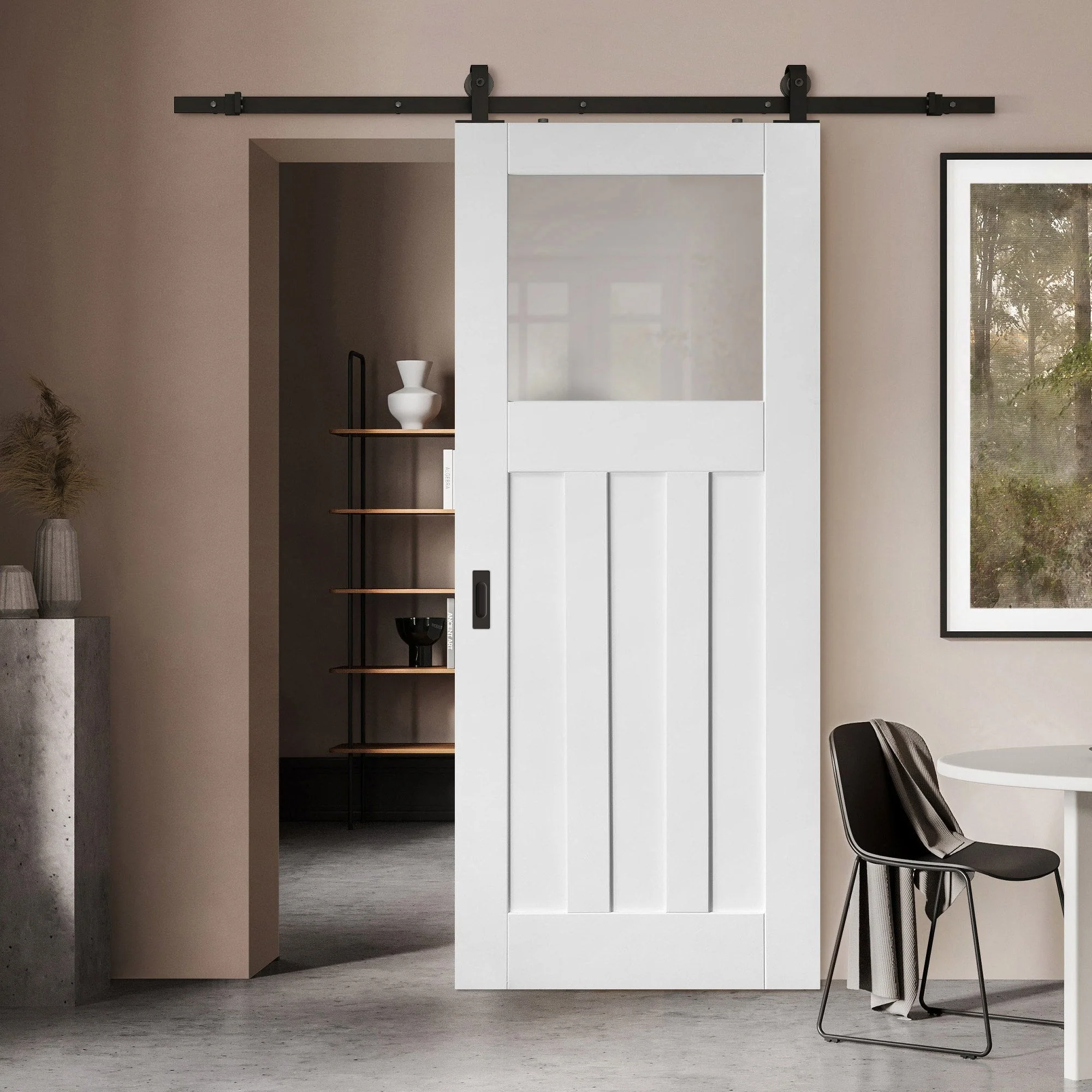 White Primed Internal 1930's DX 3 Panel 1 Light Obscure Glass Sliding Door - Black Top Mounted