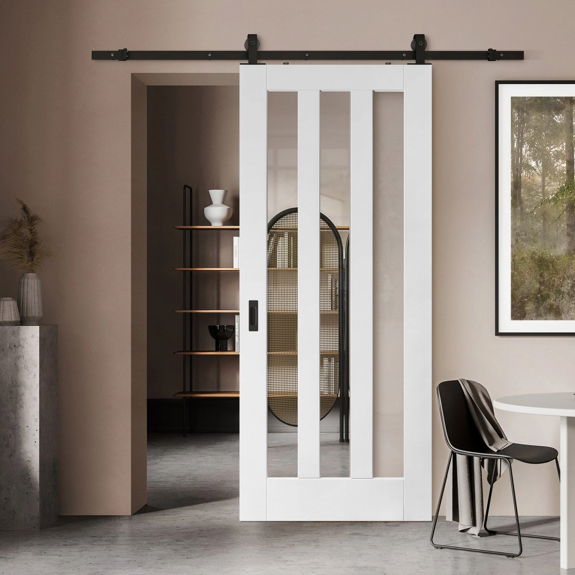 White Primed Internal Ashton 3 Light Clear Glass Sliding Door - Black Top Mounted