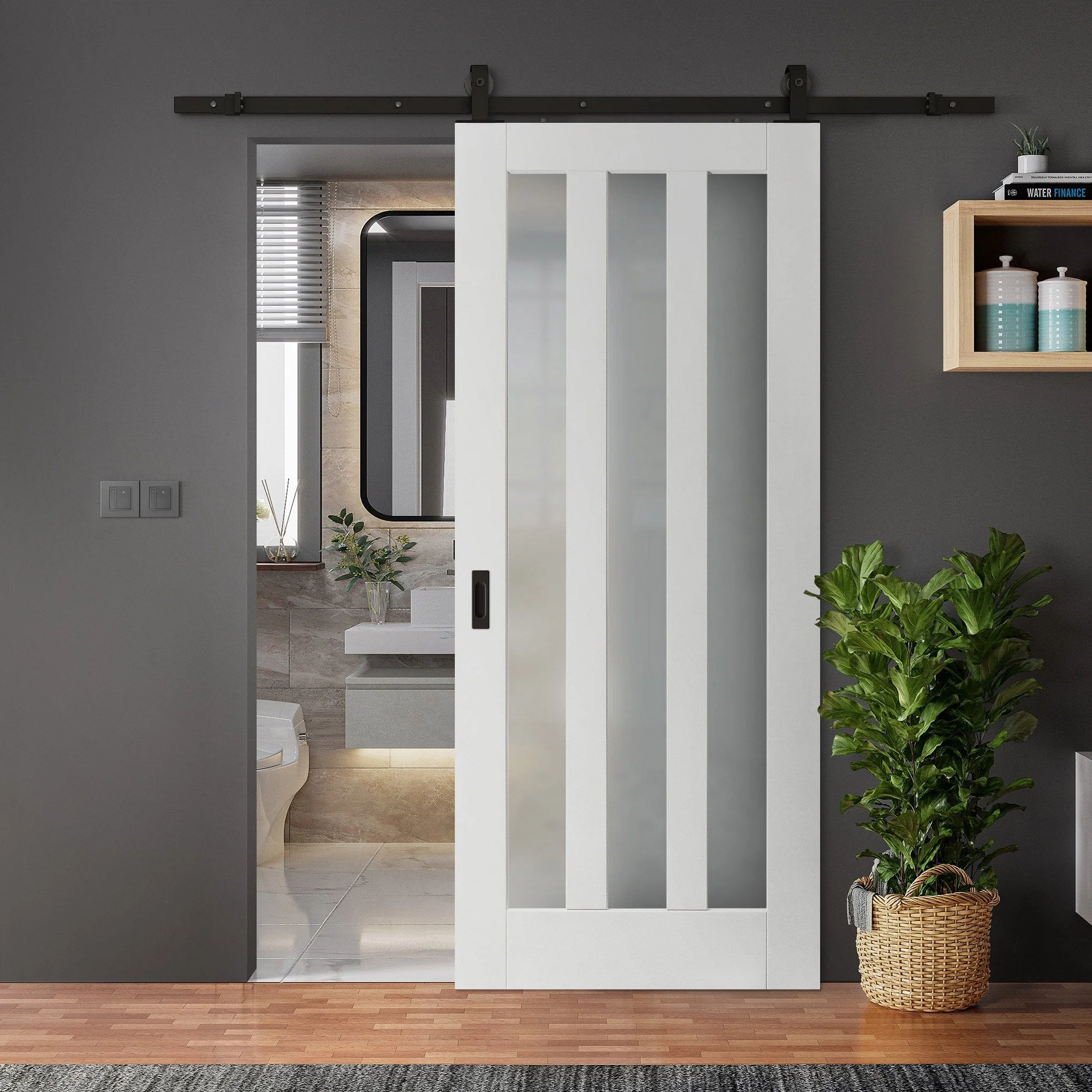 White Primed Internal Ashton 3 Light Obscure Glass Sliding Door - Black Top Mounted