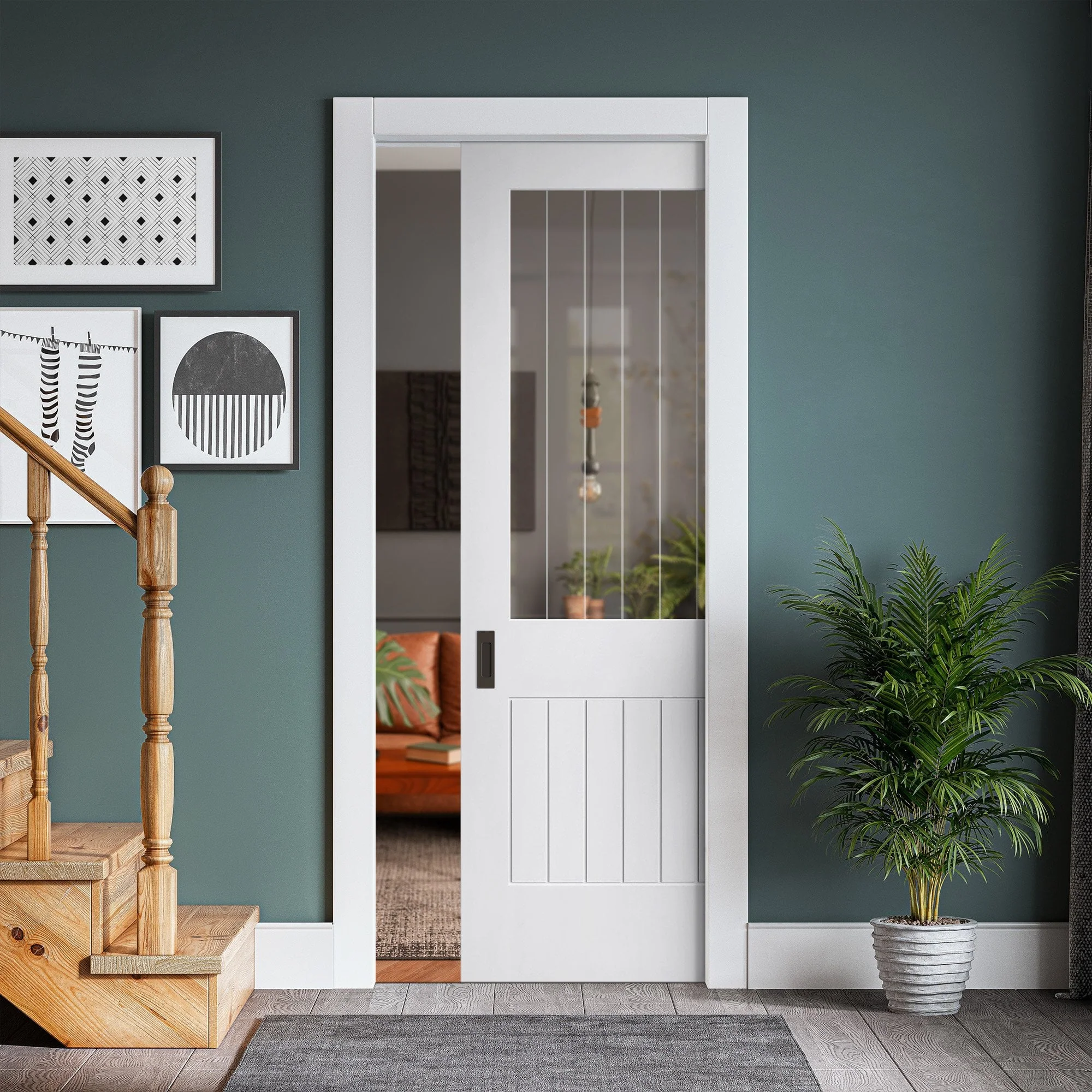 White Primed Internal Cottage 1 Light Etched Lined Clear Glass Framed 100mm Pocket Door Set (123246)