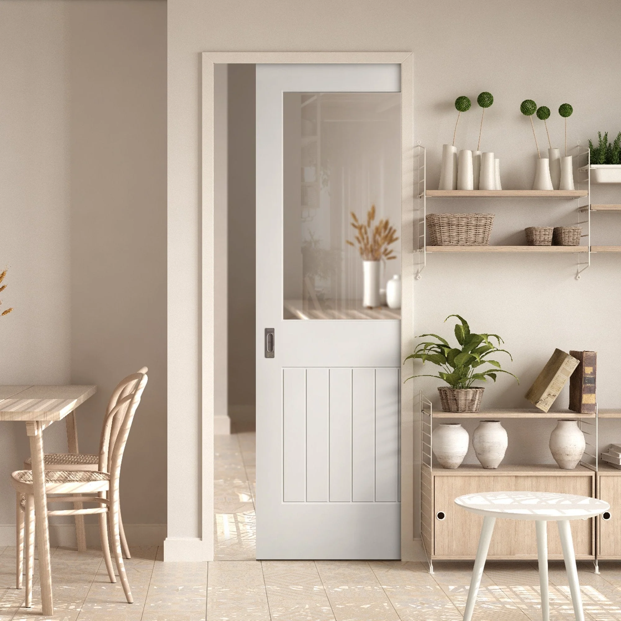 White Primed Internal Cottage 1 Panel 1 Light Clear Glass Framed 100mm Pocket Door Set (123247)