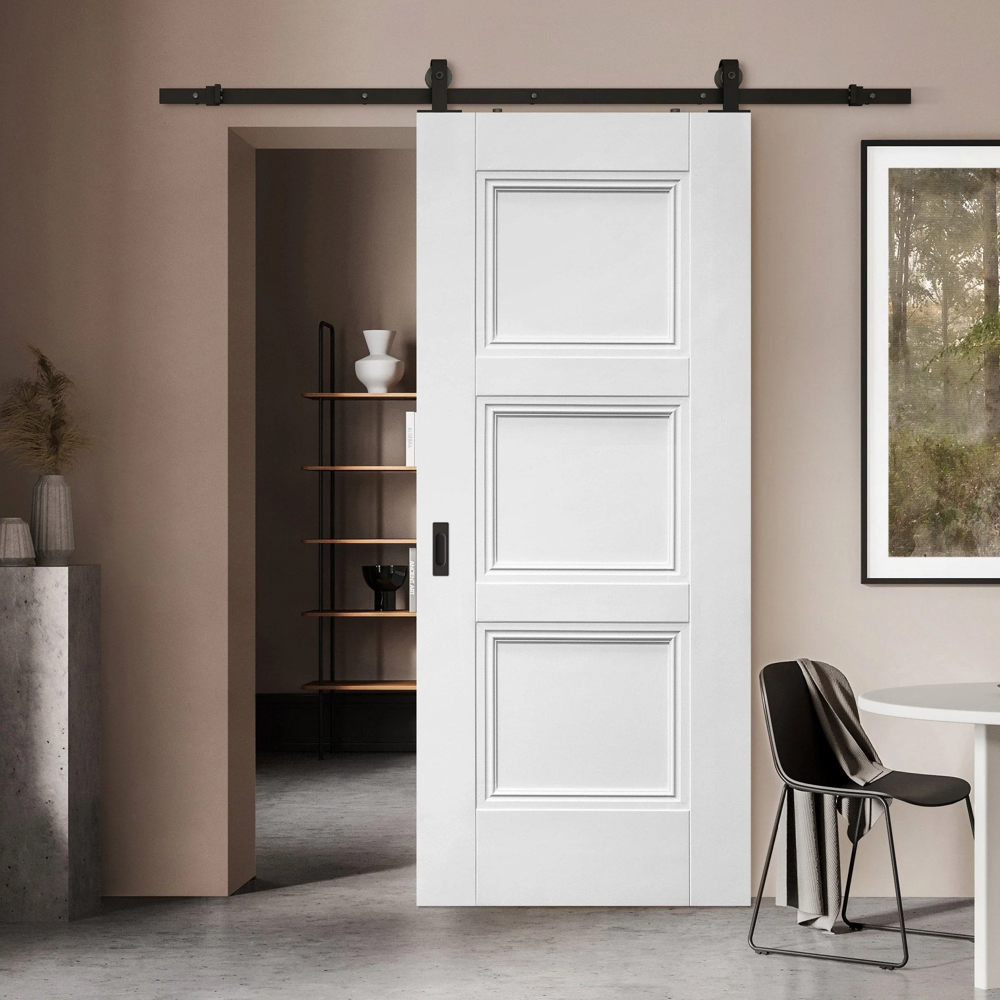 White Primed Internal Elegance Ripley Sliding Door - Black Top Mounted