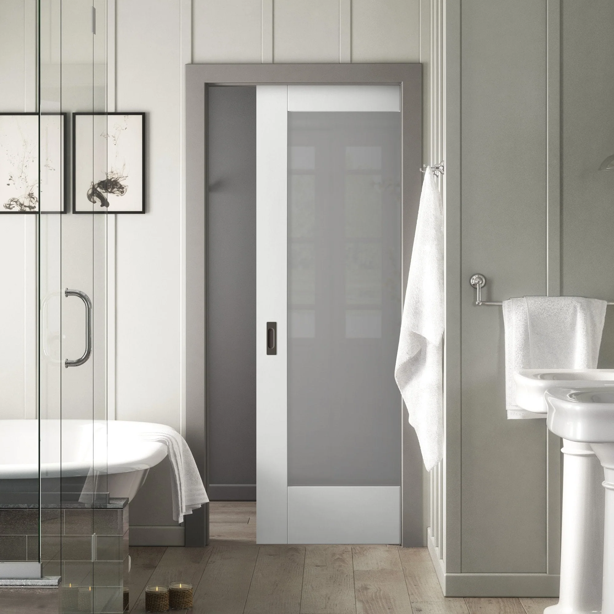 White Primed Internal Pattern 10 1 Light Obscure Glass Framed 100mm Pocket Door Set (123259)