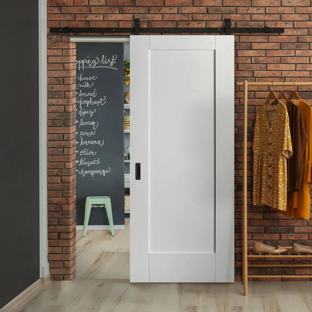 White Primed Internal Pattern 10 1 Panel Sliding Door - Black Top Mounted