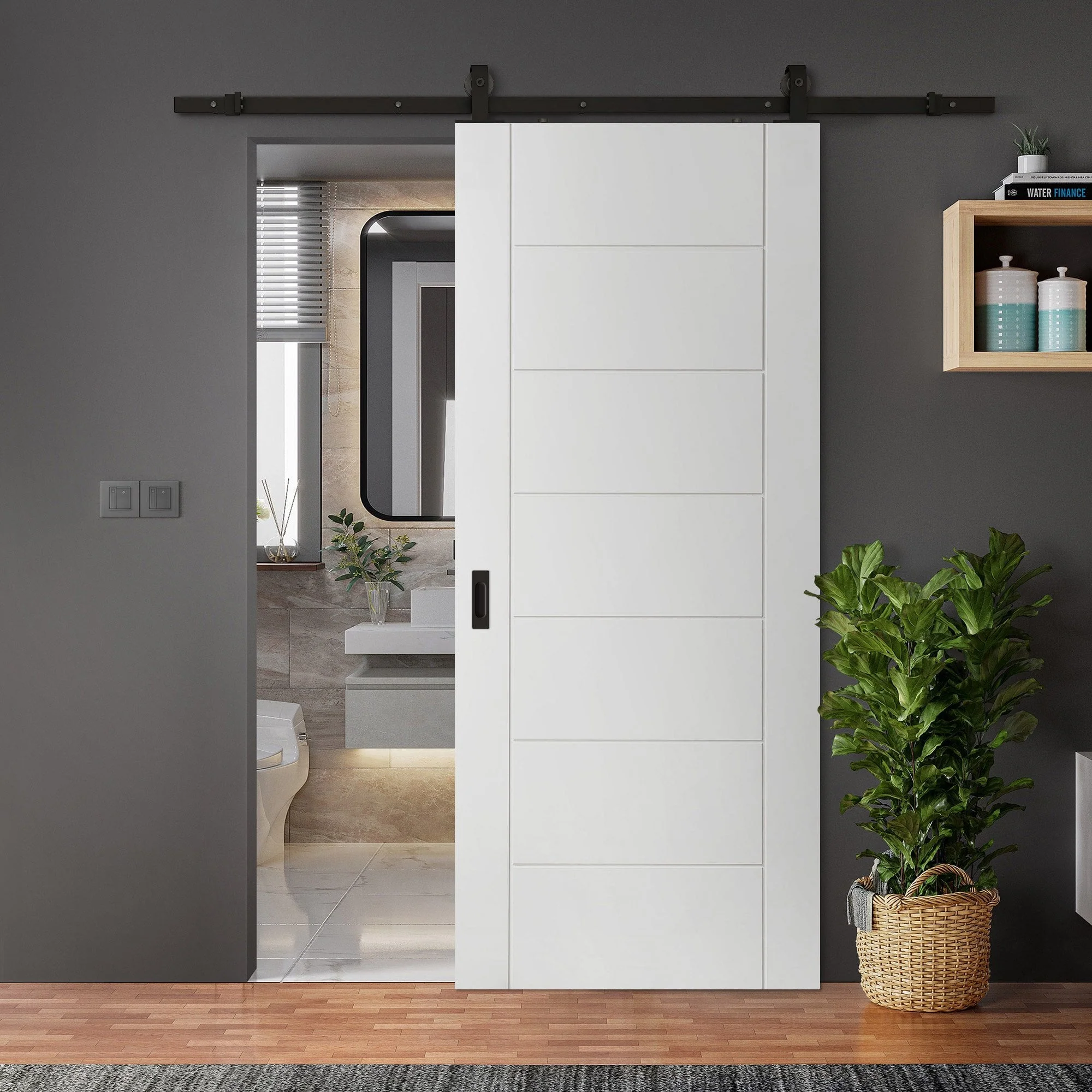 White Primed Internal Pedrena 7 Panel Sliding Door - Black Top Mounted