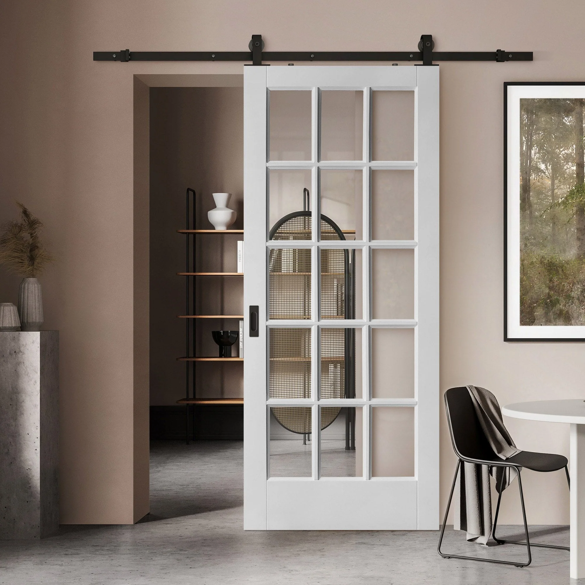 White Primed Internal SA 15 Light Clear Glass Sliding Door - Black Top Mounted