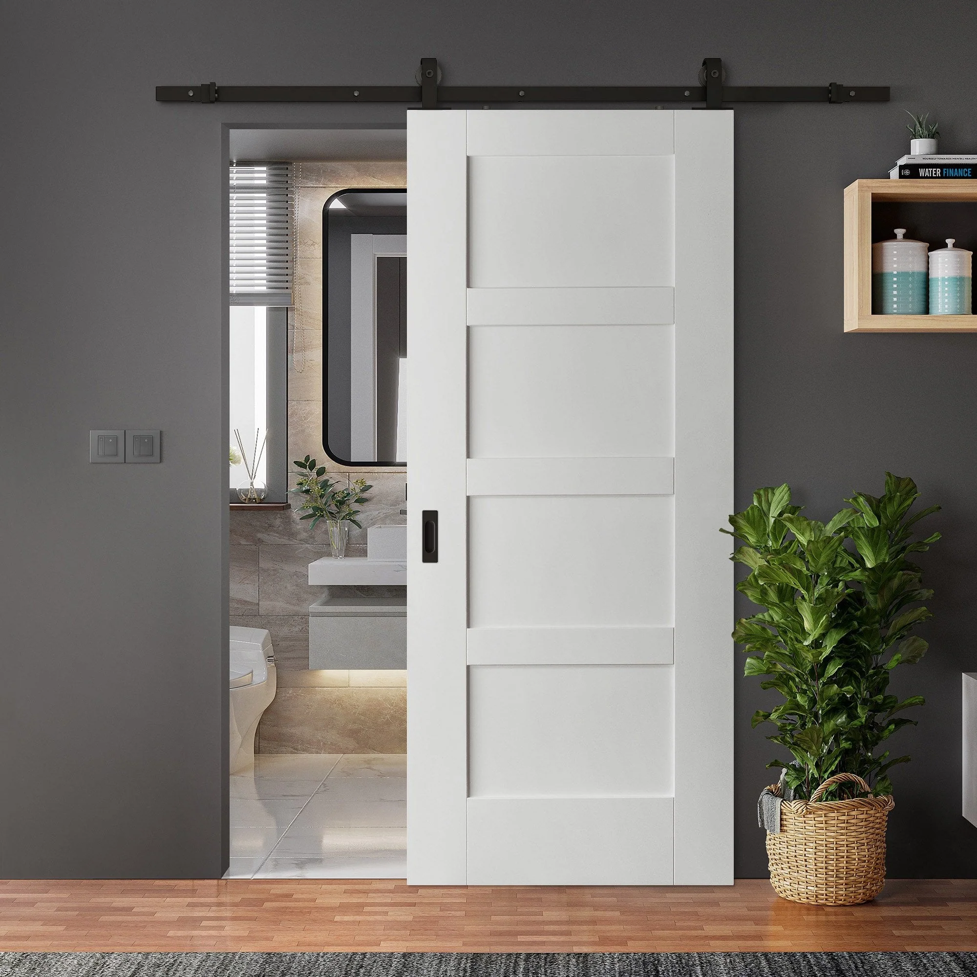 White Primed Internal Shaker 4 Panel Sliding Door - Black Top Mounted