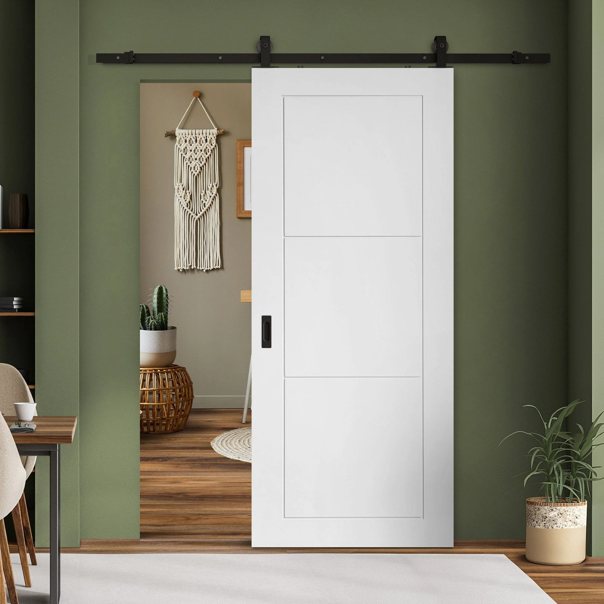 White Primed Internal Temple 3 Panel Sliding Door - Black Top Mounted