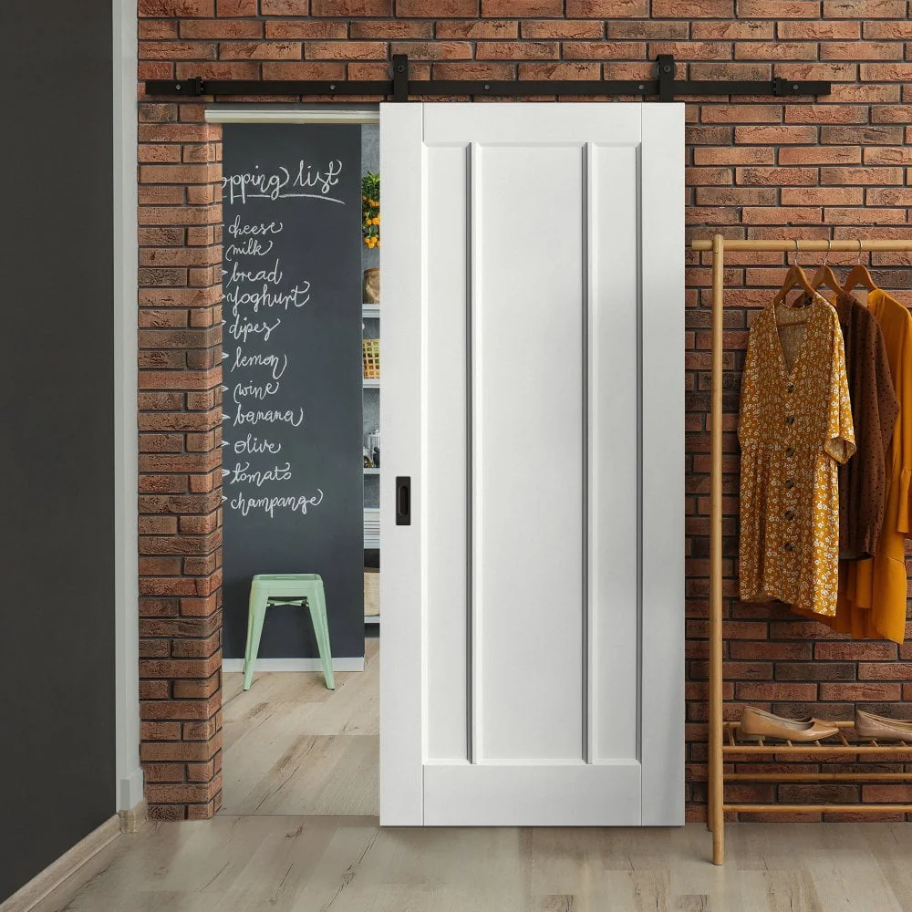 White Primed Internal Toledo 3 Panel Sliding Door - Black Top Mounted