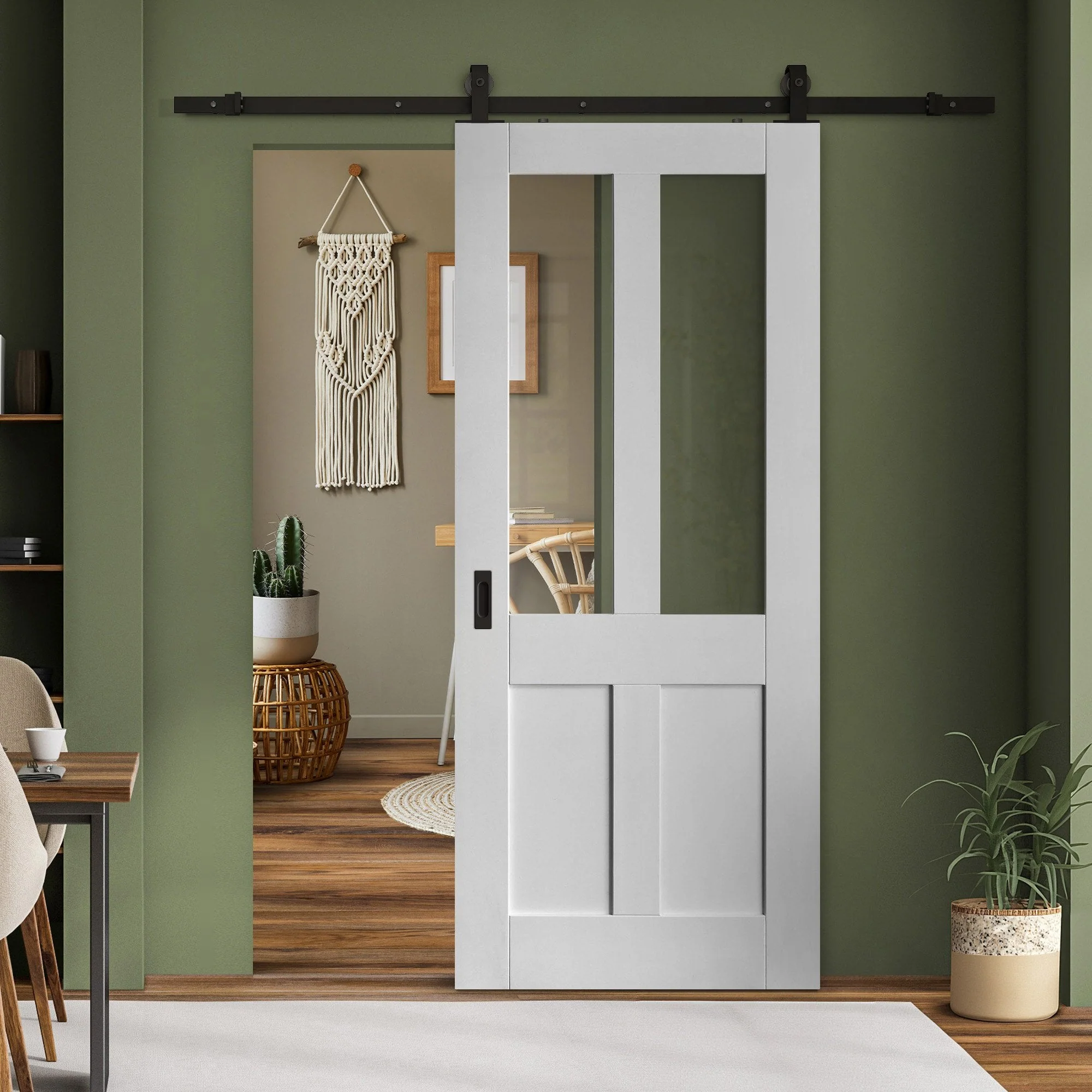 White Primed Internal Victorian 2 Panel 2 Light Clear Glass Sliding Door - Black Top Mounted