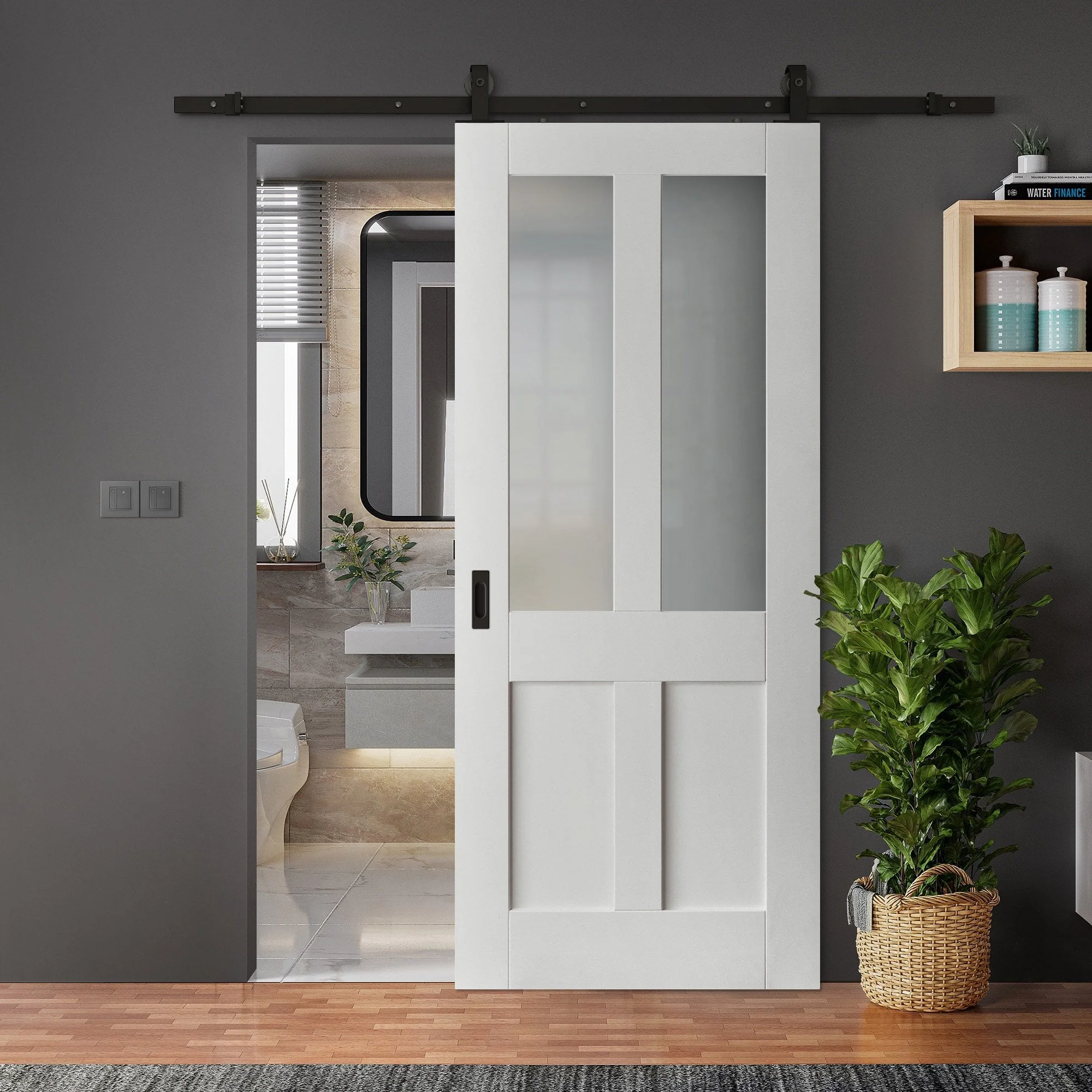 White Primed Internal Victorian 2 Panel 2 Light Obscure Glass Sliding Door - Black Top Mounted
