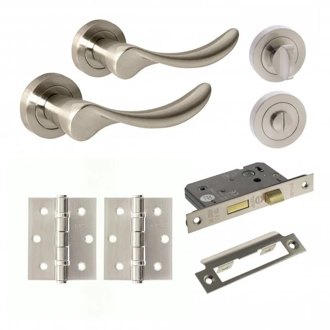 Mediterranean Malaga Round Lever Bathroom Door Handle Set - Satin Nickel